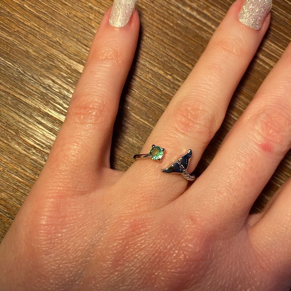 Cute Silver and Green Whale Tail Ring